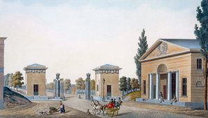 1827年に出版された「オランダ王国の最も注目すべき記念碑、建物、家々の選択」からのゲントのコートレイ門 作： ピエール・ジャック・ゲブエル
